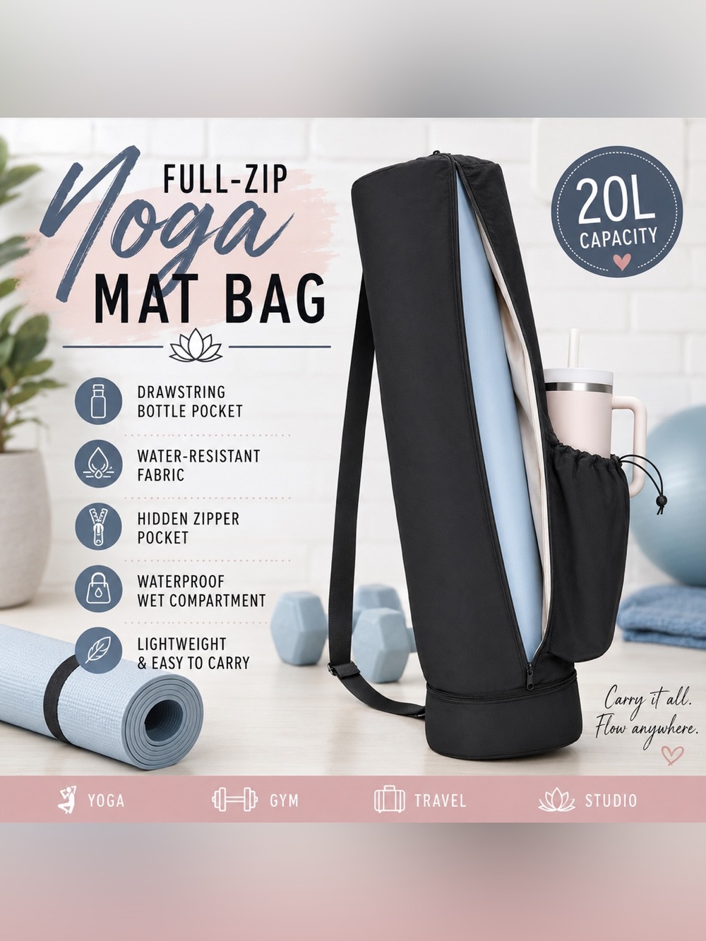 Black Yoga Mat Bag Full Zip Tote Gym Water Bottle Pocket Wet Compartment